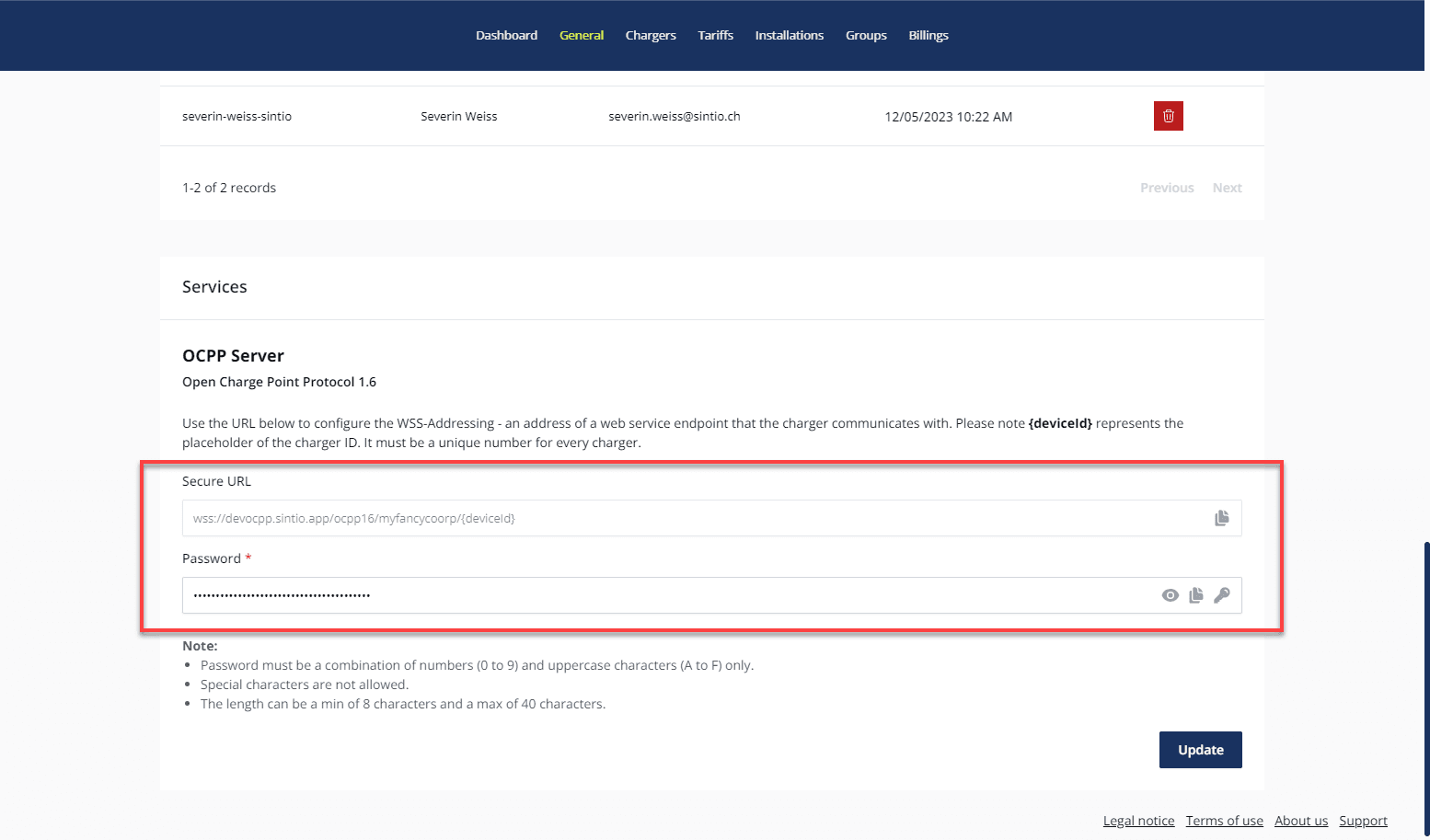 Copy OCPP URL and Password