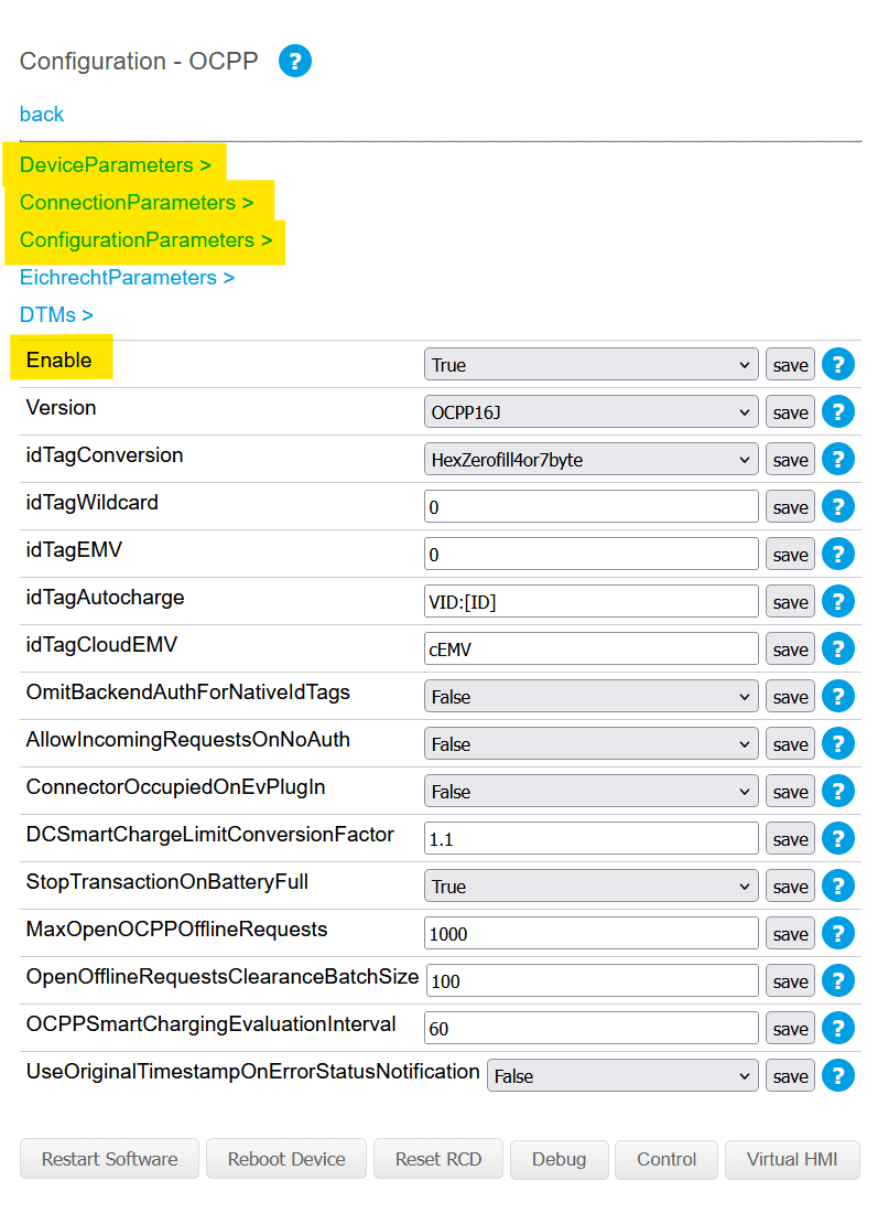 Activer OCPP et choisir la version OCPP