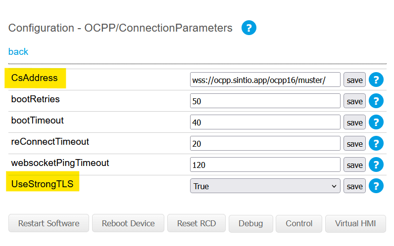 Définir les paramètres de connexion OCPP