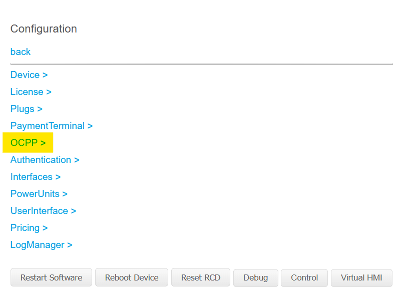Sélectionner OCPP dans le menu de configuration